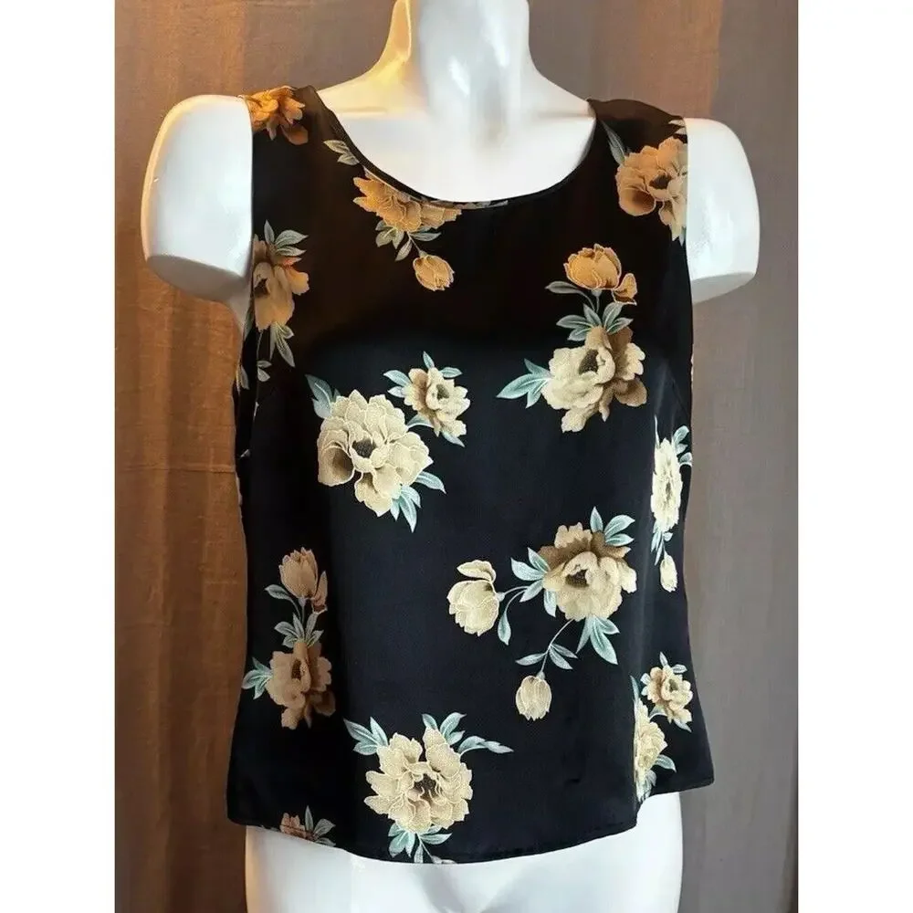 Kate Hill Silk Top Satin Black Tank Sleeveless Size 8 Floral Roses